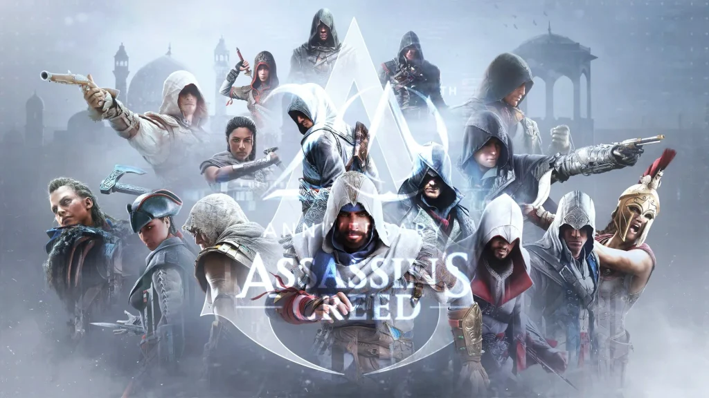 assassin's creed poster with 20th anniversary logo overlay