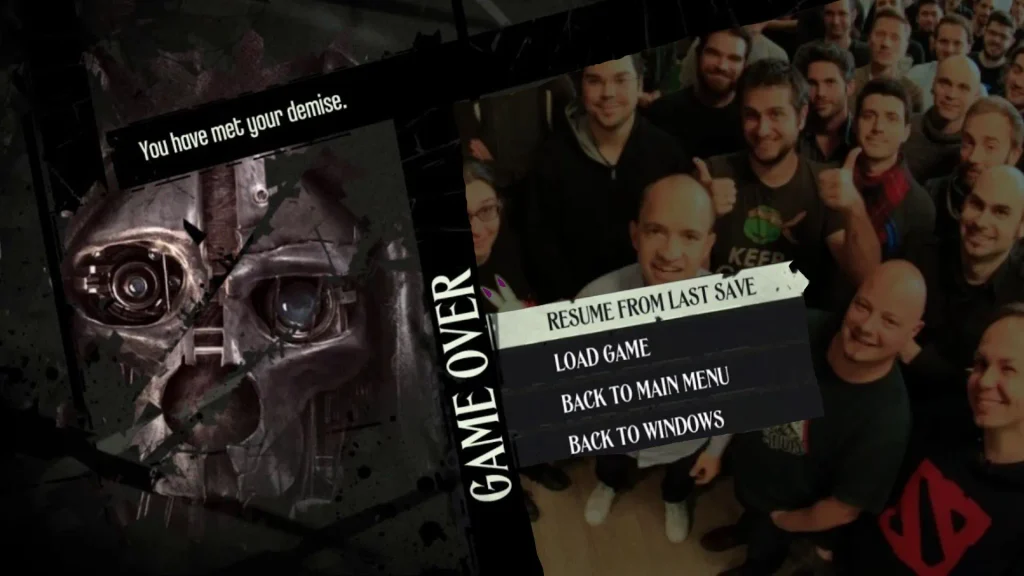 Dishonored game over screen with employees in the background overlay
