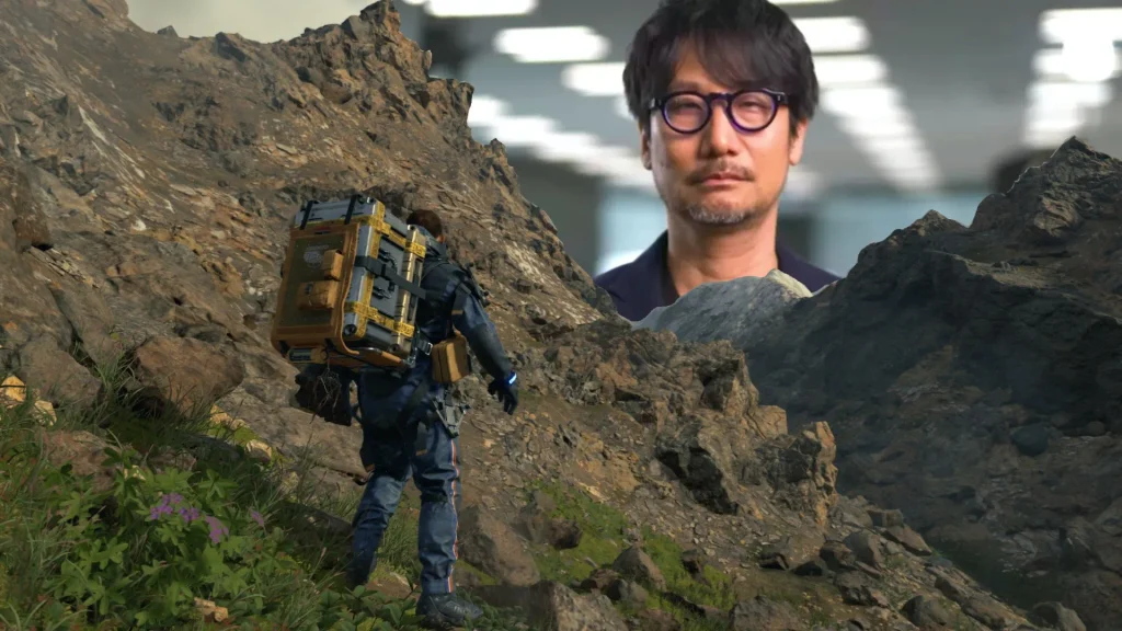 death stranding gameplay with hideo kojima face behind the hills