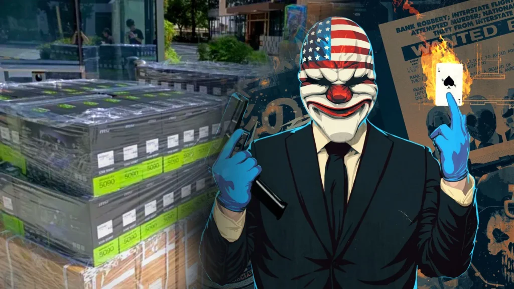 Payday 2 Dallas stand behind boxes of Zotac RTX 5090 that missing in brazil