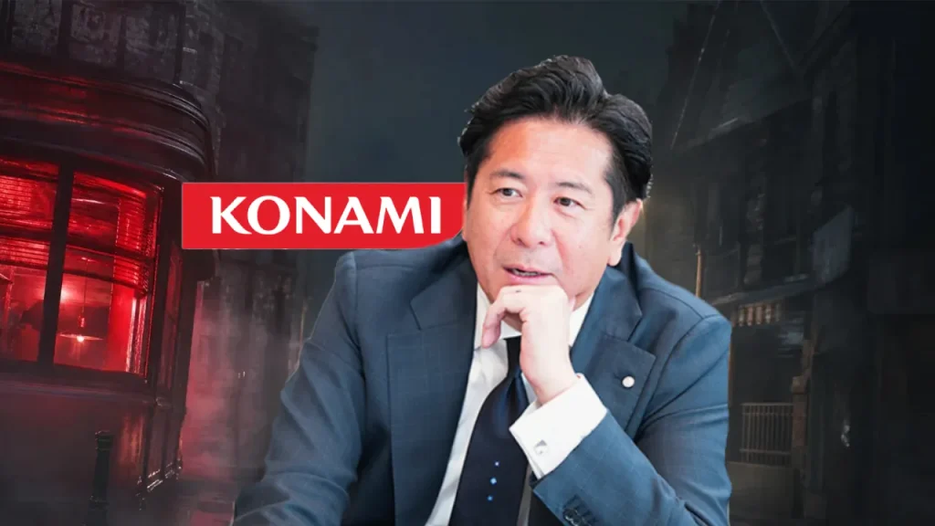 konami president image over silent hill background with konami logo
