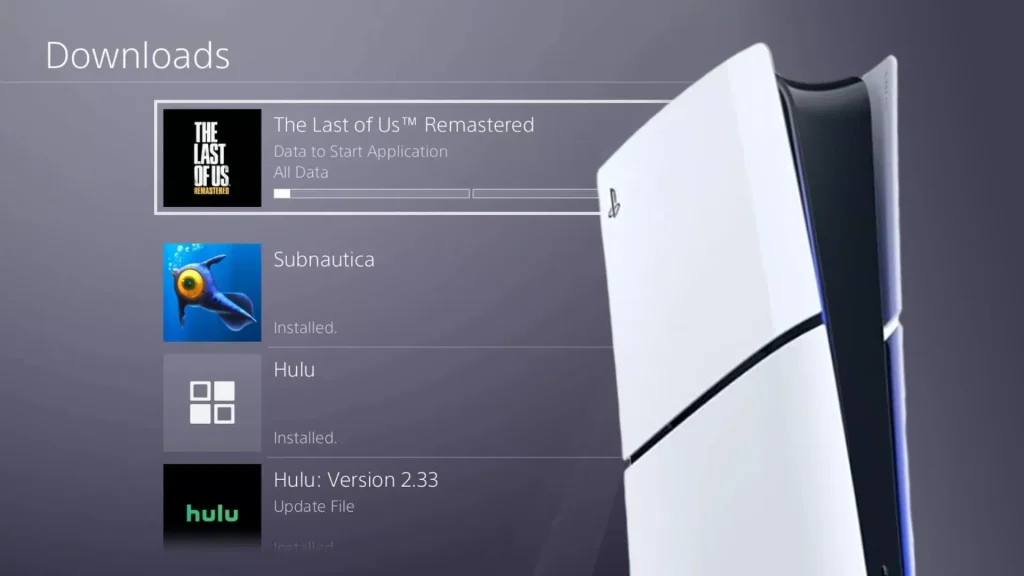 PS5 download UI with PS5 console displayed