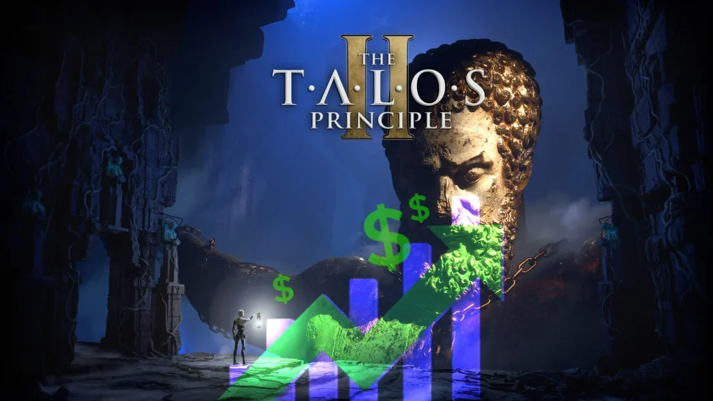talos principle 2 cover art with logo and increasing price icon overlay